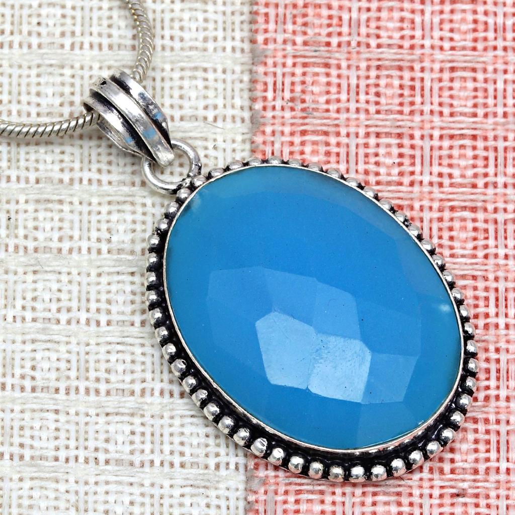 Necklace Chalcedony Natural  Beads Blue 20" Cts Round Sterling