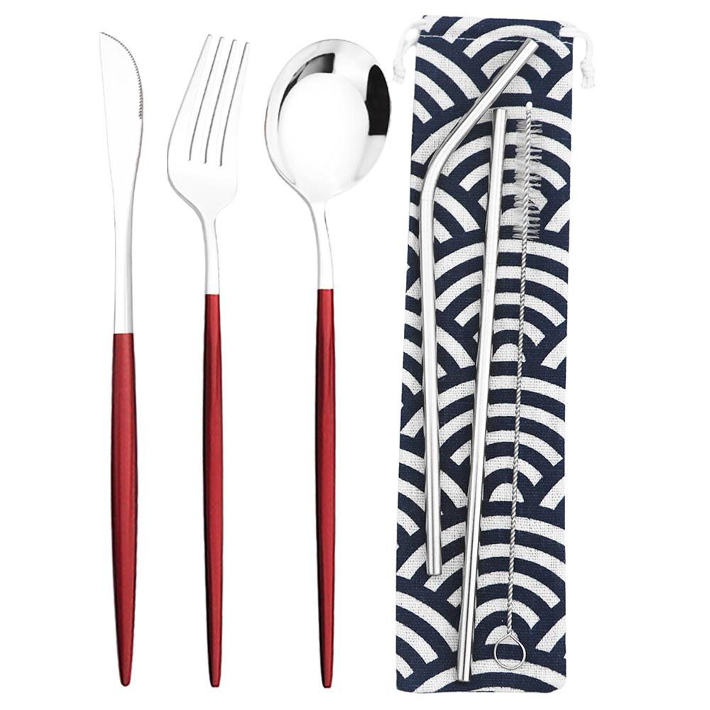 6Pcs Travel Camping Cutlery Set Travel Flatware Set Knife Fork Spoon Straw With Portable Bag Stainless Steel Tableware Set