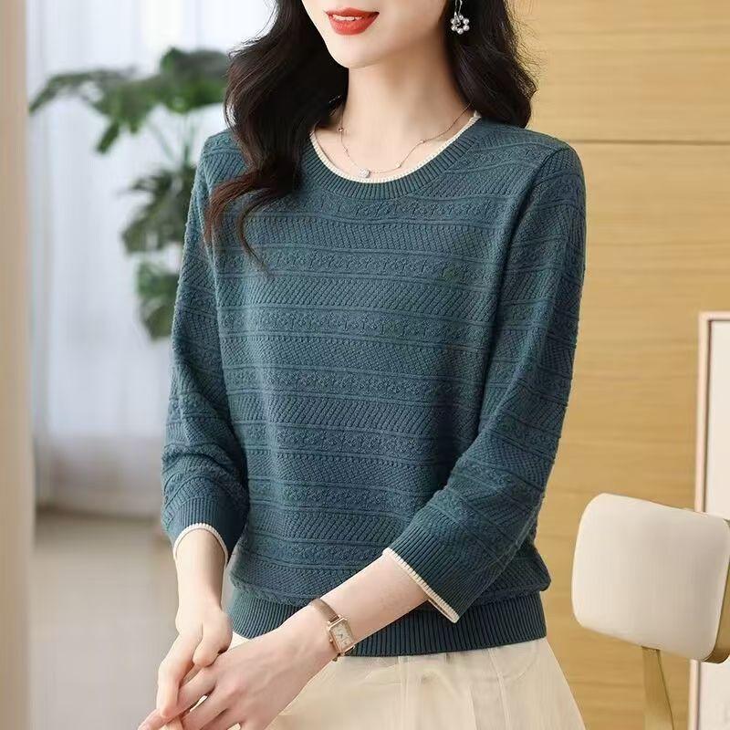

Spring and Autumn Seven Sleeve Knitted T-shirt Women s Loose Top Summer Breathable Knitted Shirt 3XL синій