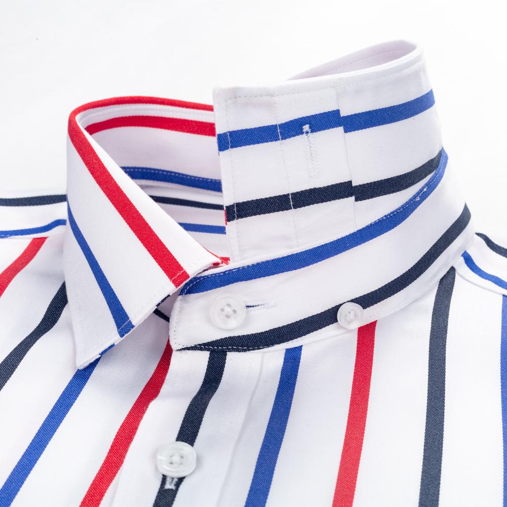 Men's Color Block Striped Wrinkle-Resistant Dress Shirt Long-Sleeve Regular-fit Hidden Button Collar Pocketless Casual Pure Cotton Shirts