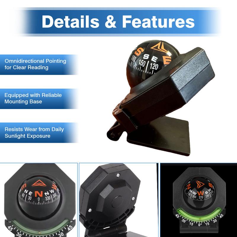 Temperature Measurement and Night Mode Car Mount Compass Ball Car Dashboard Compass 2 In 1 for Car Watercraft Boat Caravan Truck