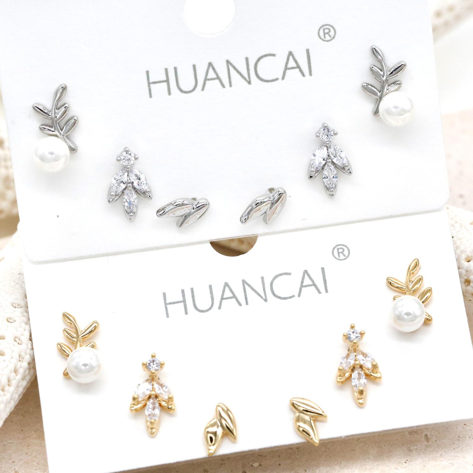 

S925 Silver Zircon Leaf-Shaped Minimalist Luxury Earrings Set - 3 Pairs