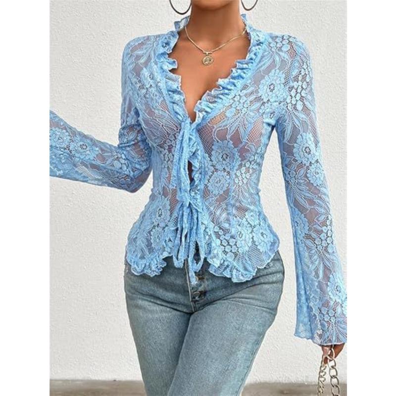 

Весенне-летний женский сексуальный облегающий кружевной кардиган с V-образным вырезом и длинным рукавом M синий