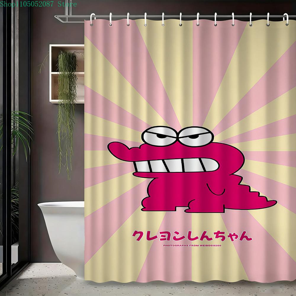 Crayon Shin-Chan Himawari & Pink Crocodile Toy Cartoon 2D Print Waterproof Shower Curtain, Minimalist White With Colorful Stars