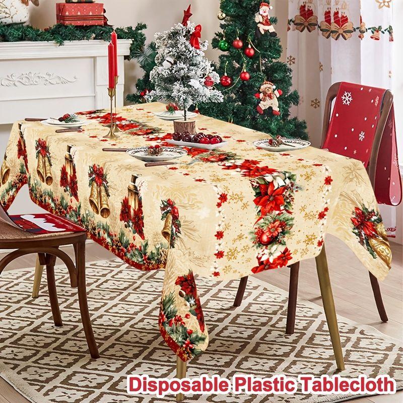 VIKAMA Vintage Christmas Tablecloth Cream Beige Poinsettia Golden Bell Holly Berry Rectangle Xmas Table Cover Kitchen Dining