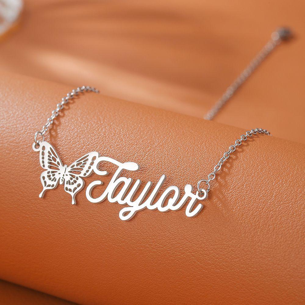 18K Gold Plated Stainless Steel Name Necklace with Butterfly Pendant