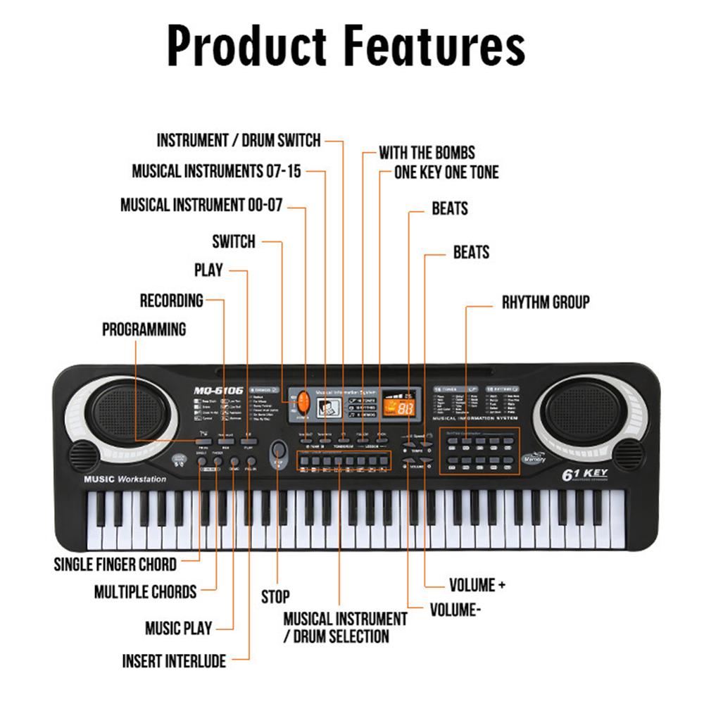 Non-Toxic Kids Electronic Piano Keyboard Portable 61 Keys Organ With Microphone Education Toys Musical Instrument Gift For Child Beginner
