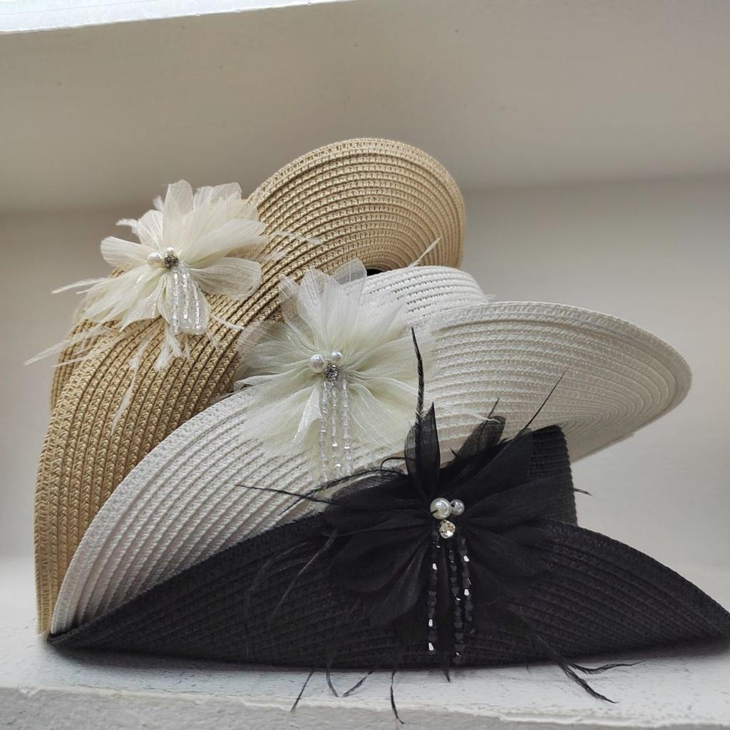Summer Elegant Top Hat Grass Hat Versatile Pearl New Fashion Sunscreen and Sunshade Hat Flower Hat Beach