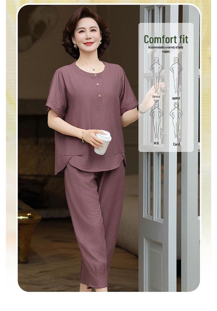 Stylish Summer Plus Size Round Neck Top & Nine-Point Pants Set for Middle-Aged Mothers