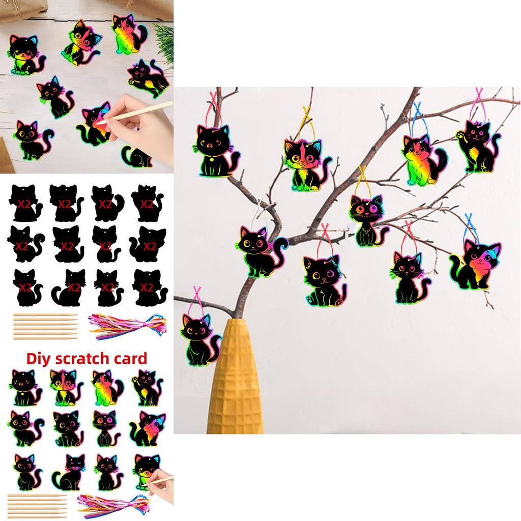 Katze DIY Rubbelkarte Partydeko mit bunten Aufhängern für Geburtstagsfeier und Kinderveranstaltung