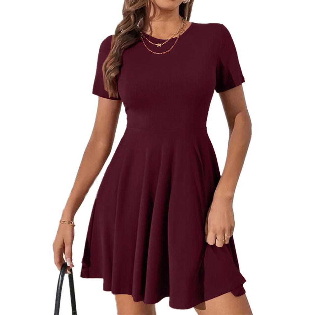 Ladies' Casual Solid Color Round Neck Short Sleeved Dress