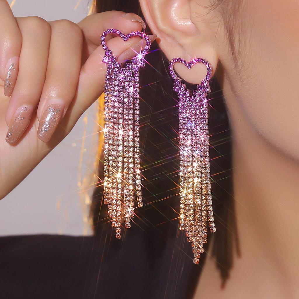 Luxury Shiny Rhinestone Long Tassel Love Earrings Fashion High-Grade Earrings Bridal Earrings Women's Earrings 1 Pair