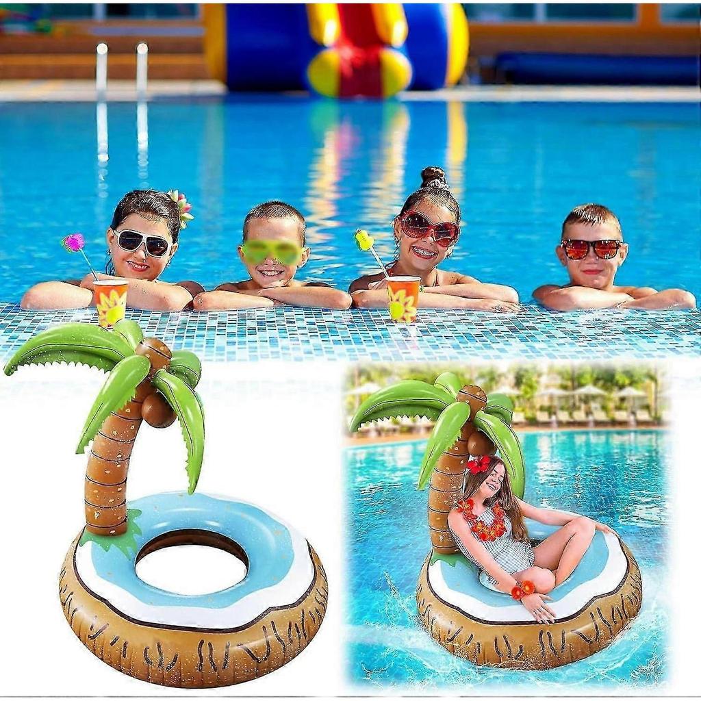 120cm Inflatable Swimming Ring with Palm Tree, Coconut Design, Blue/Brown