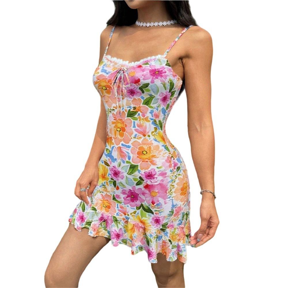 Rochie A-line cu bretele, sexy, de călătorie, stil resort, cu spatele gol, pictată, cu imprimeu pentru femei