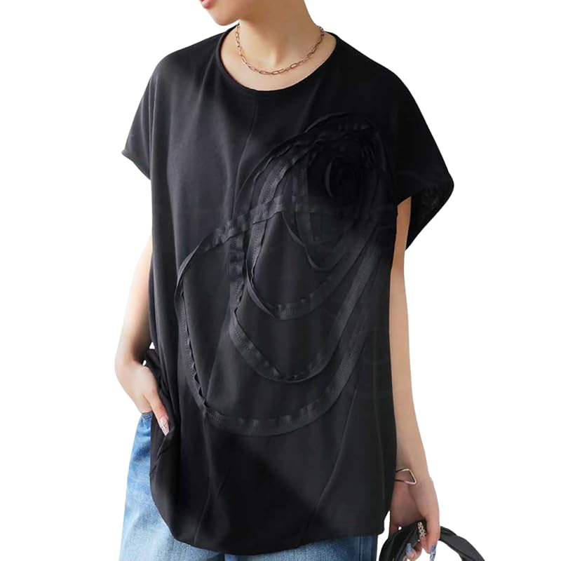 

[antiqua] [Antica] frills embroidery tops ladies short sleeve Plain color PA-03728 Onesize 05 black