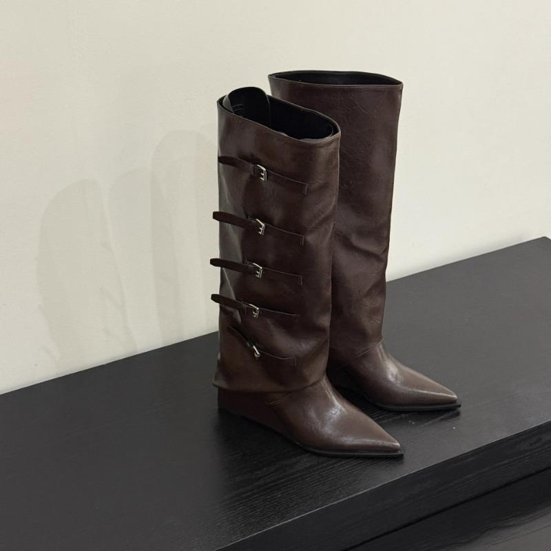 

Sheepskin version~ Black knee-length boots women s belt buckle wedge pants boots retro temperament tall knight boots 40
