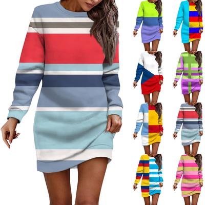 Women's Round Neck Striped Graphic Long Sleeve Hip Dress Sweater Dress