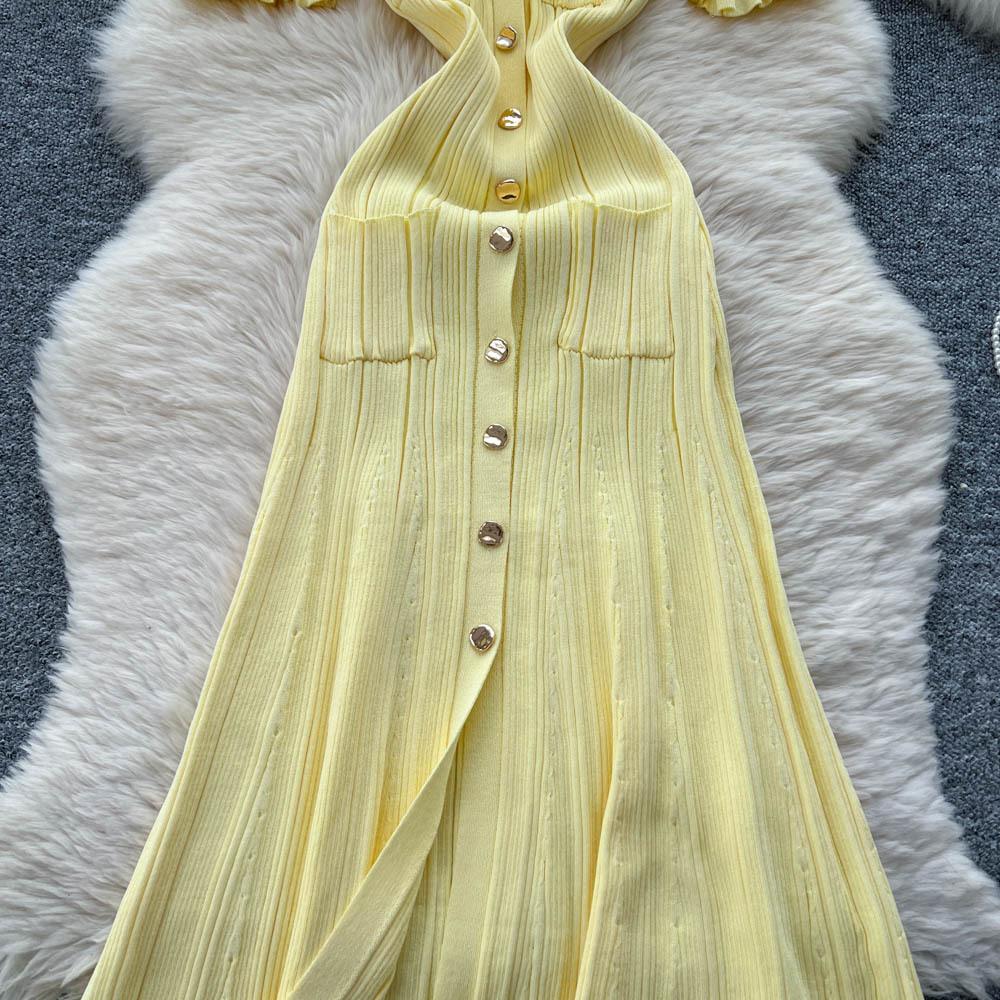 Korean Simple Design Lapel Knitted Dress Women's Summer Slim and Thin Single-breasted Royal Sister Temperament Long Dress