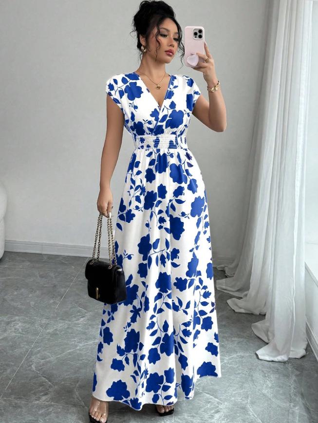 Europäisches und Amerikanisches V-Ausschnitt Taillenbetontes Kurzarmkleid - Frühling/Sommer Druck Langes Kleid für Damen