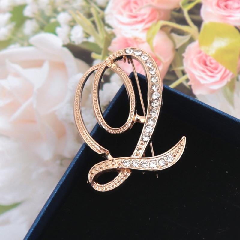 Fashion Women Rhinestone Brooch A-Z English Letter Gold Color Metal Pins Crystal Alphabet Jewelry Shirt Clothes Accessories Gift