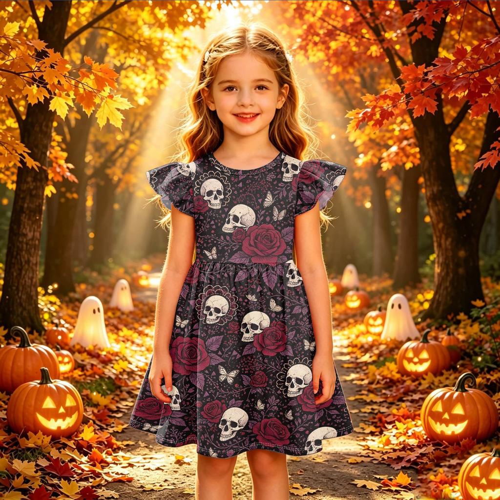 Girls Halloween Print Dress Casual Sleeve Party Dress for Children Holiday Outfit