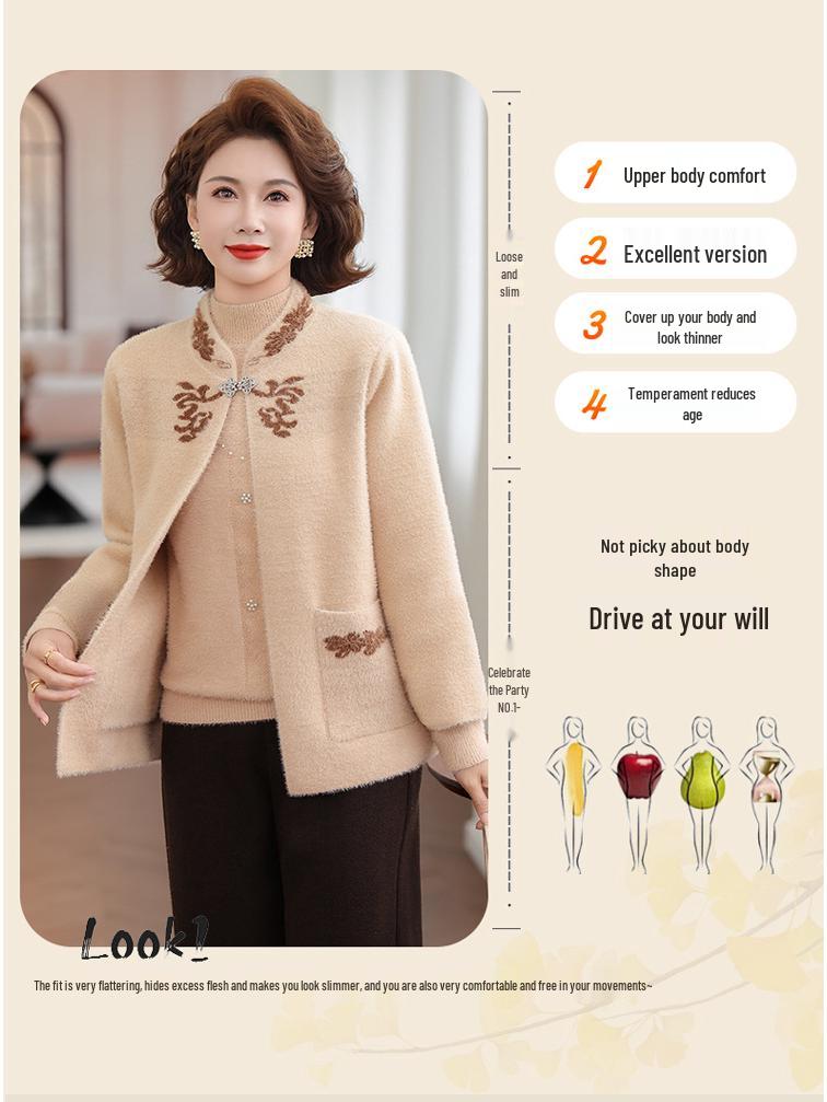 Women's Velvet Thick Coat with Half-high Collar, Winter Knit Two-piece Set for Middle-aged and Elderly Mothers