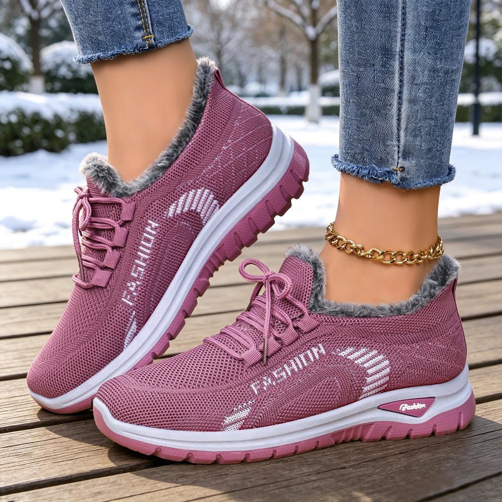 Women Winter Fleece Lined Fly Woven Mesh Sneakers, Soft Sole Warm Casual Walking Sports Shoes