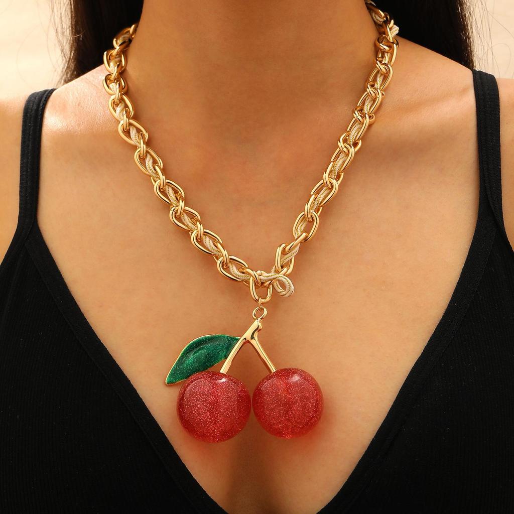 Fashionable Exaggeration Red Cherry Fruit Pendant Personalized Thick Chain Necklace For Women