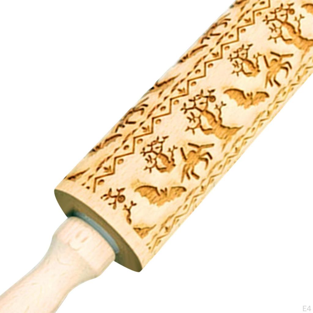 Tłoczony wałek drewniany do ciasteczek drobno teksturowany o tematyce świątecznej Halloween