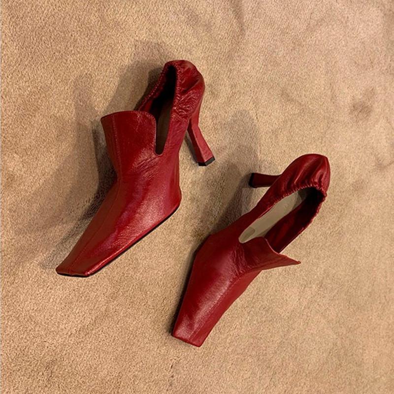 Fashion Wine Red French High Heels Women 2025 Spring and Autumn New Leather Cat with Square Head Single Shoes Women Casual Muller Shoes