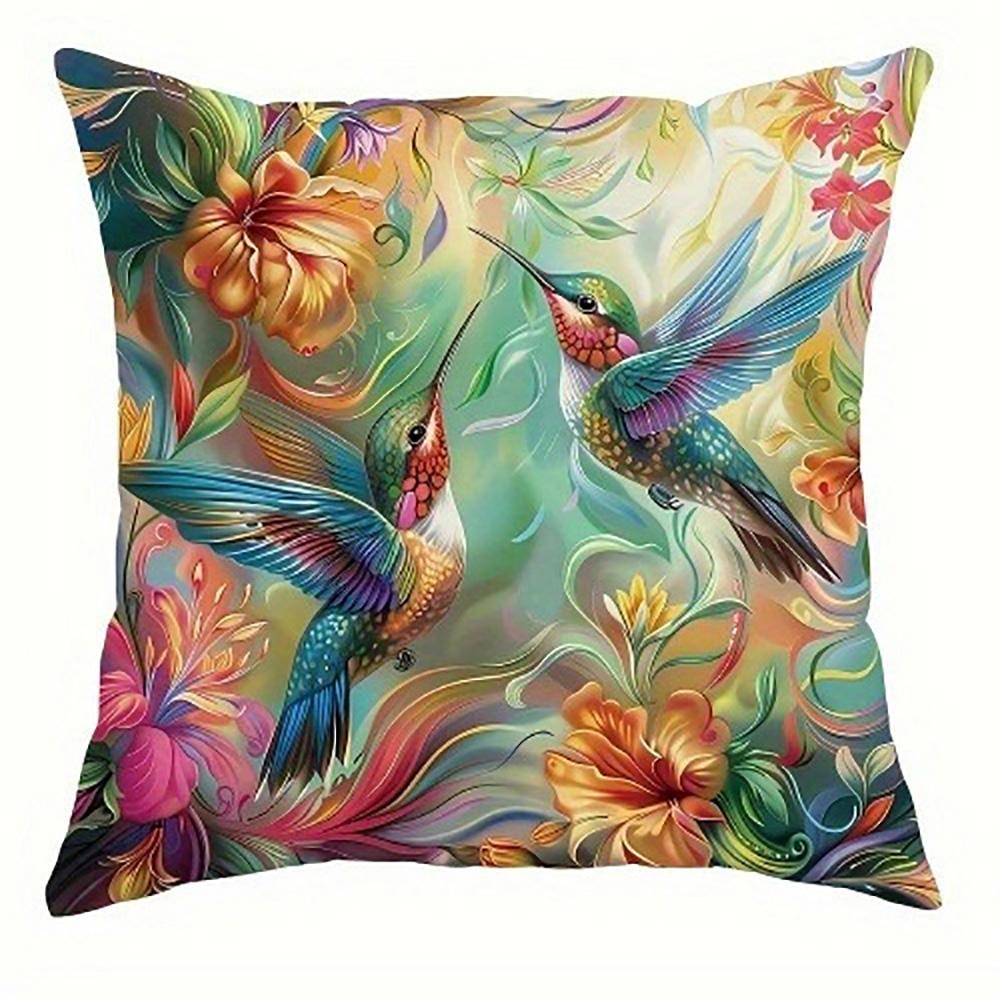 Colorful Hummingbirds On Floral PillowcaseSuitable for Sofa Car Bedroom Decorative Cushion Cover Pillow Cover