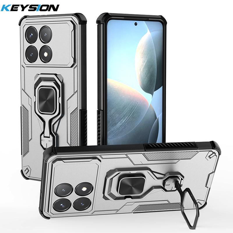KEYSION Shockproof Armor Case for POCO F6 Pro Soft Silicone+PC Upright Metal Ring Stand Phone Cover for Xiaomi POCO X6 Pro 5G