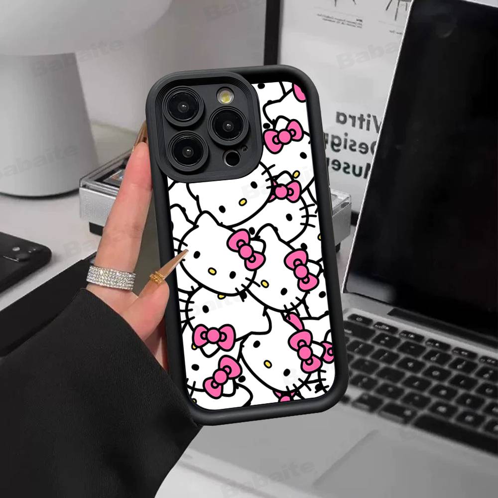 H-Hello Kitty Silicone Soft Phone Case For IPhone 17 16 15 14 Plus 13 12 Mini 11 Black Cover