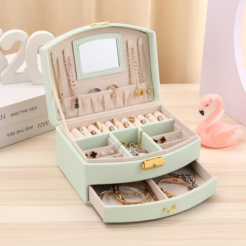 Large Double-Layer Lockable Jewelry Box With Handle PU Leather Storage Case Rings Necklaces Accessories