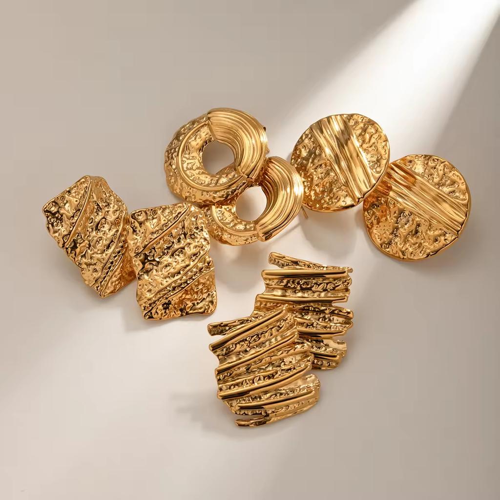 Stainless Steel Irregular Hammered Disc Earring Vintage Chunky Round Square Stud Earrings