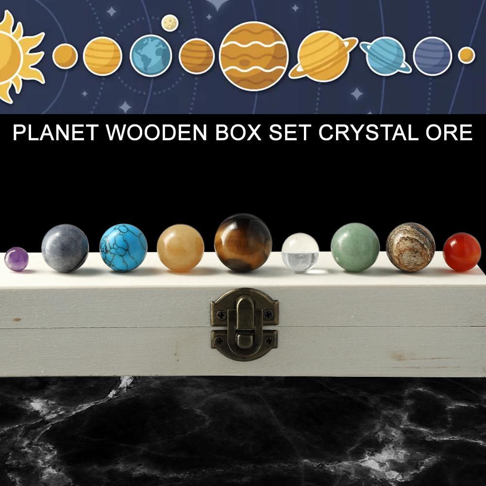 Natural Crystal 9-Planets Ball Solar System Sun with Rock Quartz Stones Wooden Box Beads Desktop Decorative Item