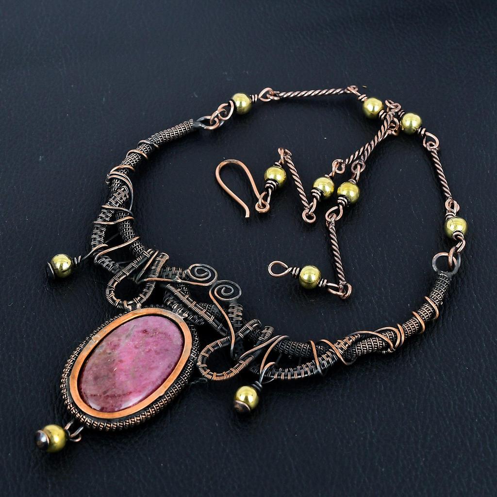 Rhodonite Necklace Gemstone Jewelry, 999 Copper Wire Wrapped Necklace, Adjustable Handmade Chain Necklace Gift For Wife Jewelry