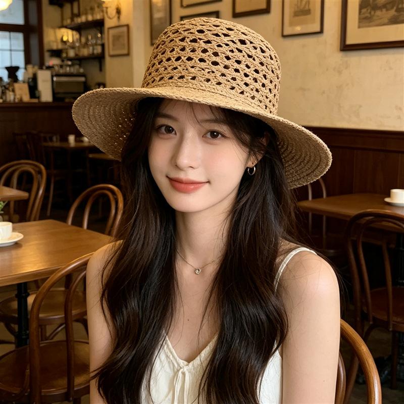 Natural raffia hollow mesh big eaves flat top hat women's summer travel versatile sunshade straw hat sun protection