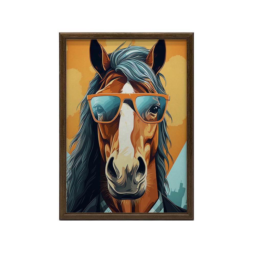 Stylish Horse With Glasses Stylish Horse With Glasses, 50X70 Cm, Dark Brown Wooden Frame, 230 Gsm Matte Paper