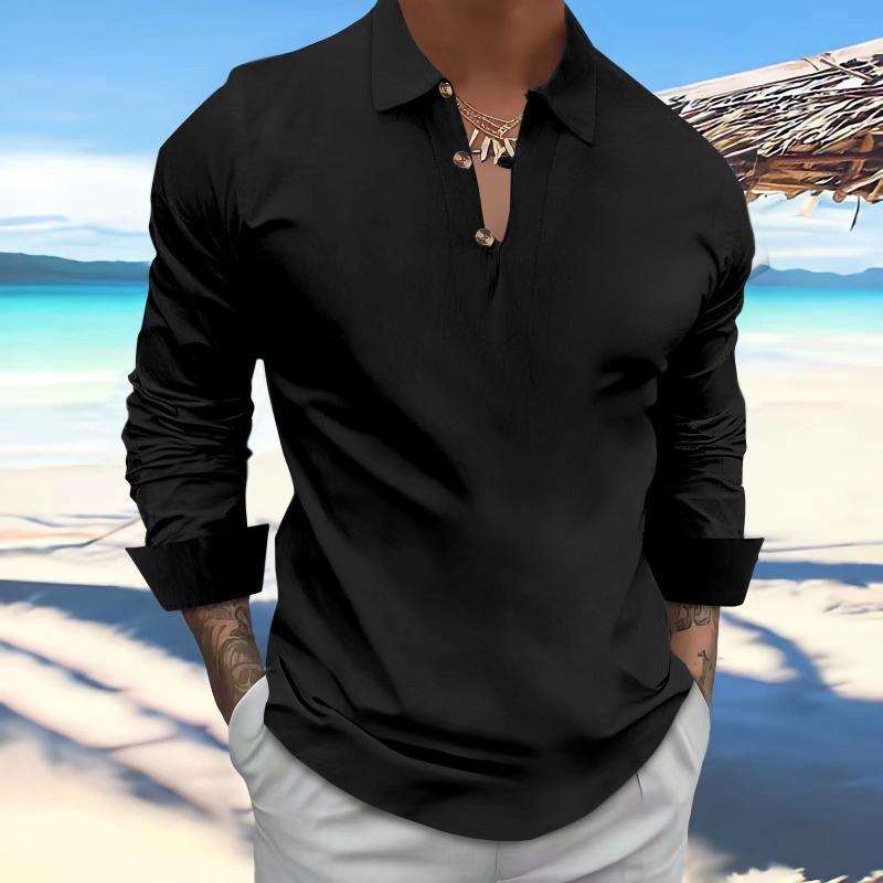 

Мужская повседневная рубашка поло с длинными рукавами из хлопка и льна с лацканами на пуговицах, весна-лето XXXL чёрный