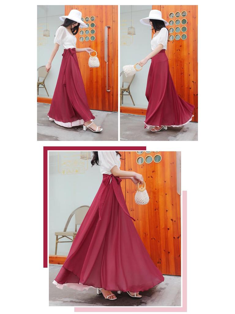 Two-Tone Satin Chiffon Lace-up Dance Midi Skirt for Women