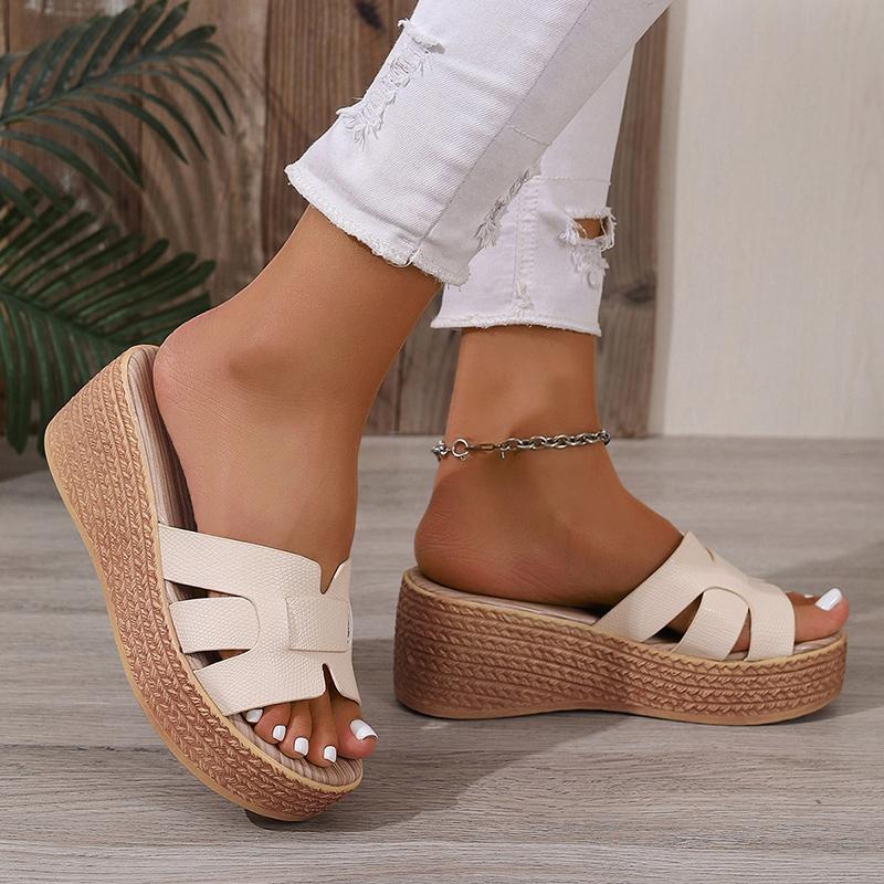 Grote Maten Mode Chunky Platform Slippers voor Dames 2025 Zomer Geweven Sleehak Sandalen Dames Dikke Zool Anti-Slip Strand Schoenen