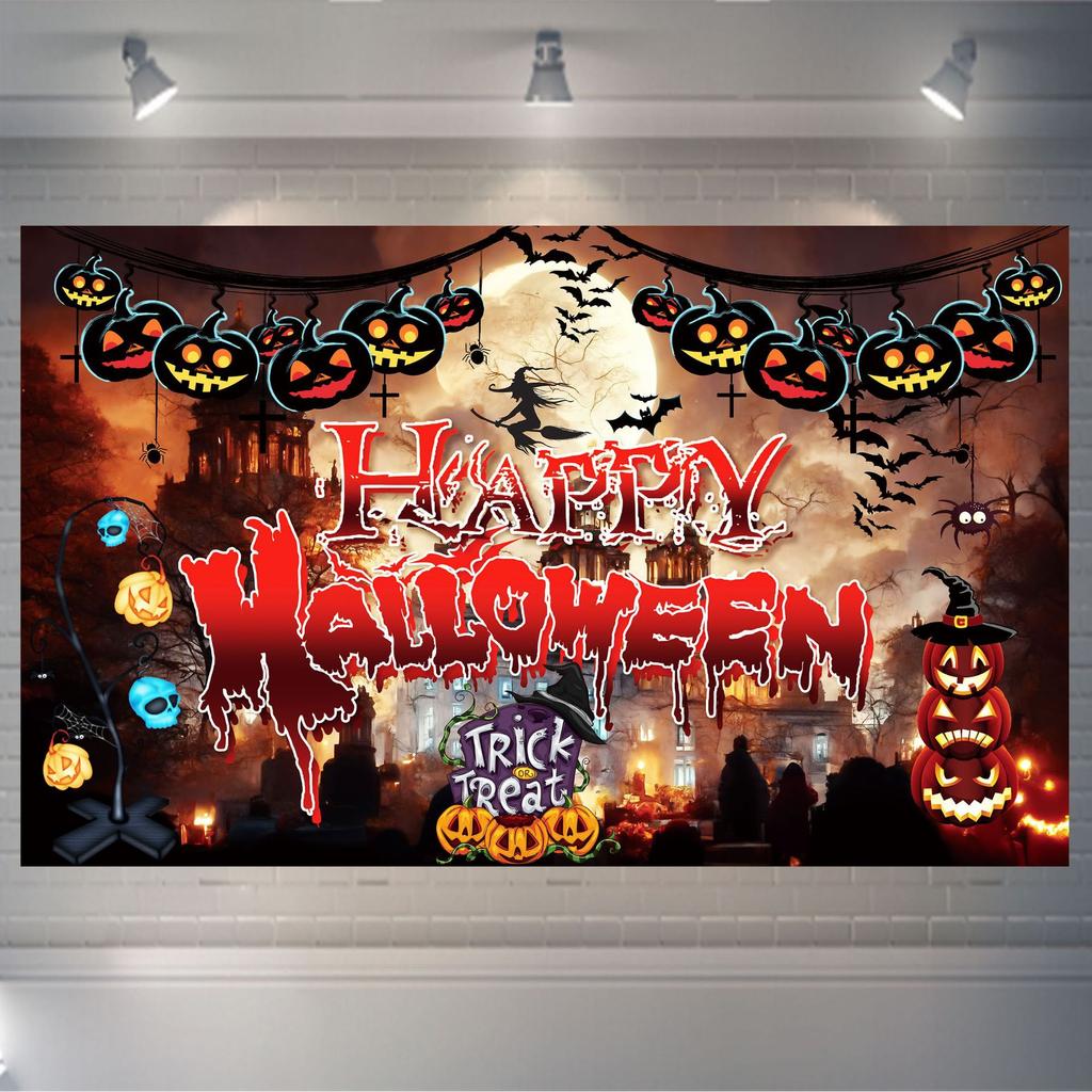 1pc Happy Halloween Party Backdrop Night Skeleton Hand Pumpkin Bats Dustproof Banner for Halloween Party Background Decoration