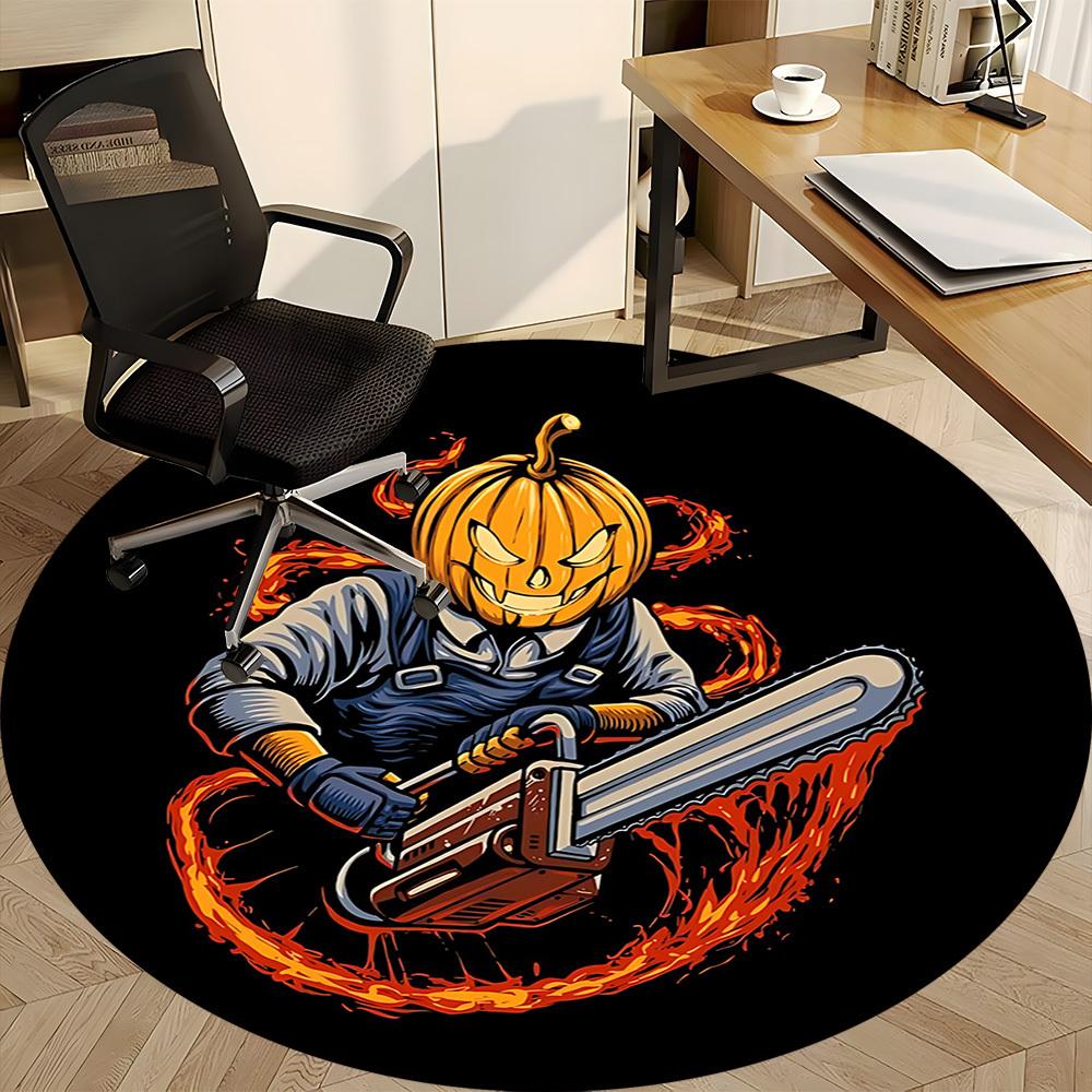 1pc PumpkinChainsaw, HalloweenArt Office Round Area Rug, Under Office Chairs Bedroom Living Room Home Decor, Room Deco, Available In Various Sizes