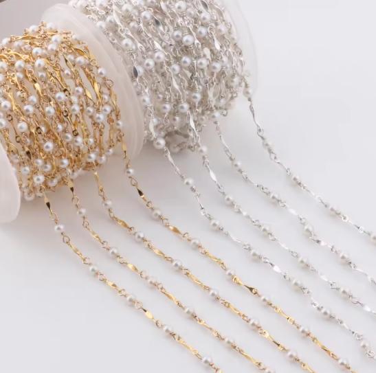 14K Gold Filled Dapped Bar Chain Beaded 3-3.5mm Fresh Water Pearls for DIY Permanent Handmade Necklace Bracelet Jewelry Making