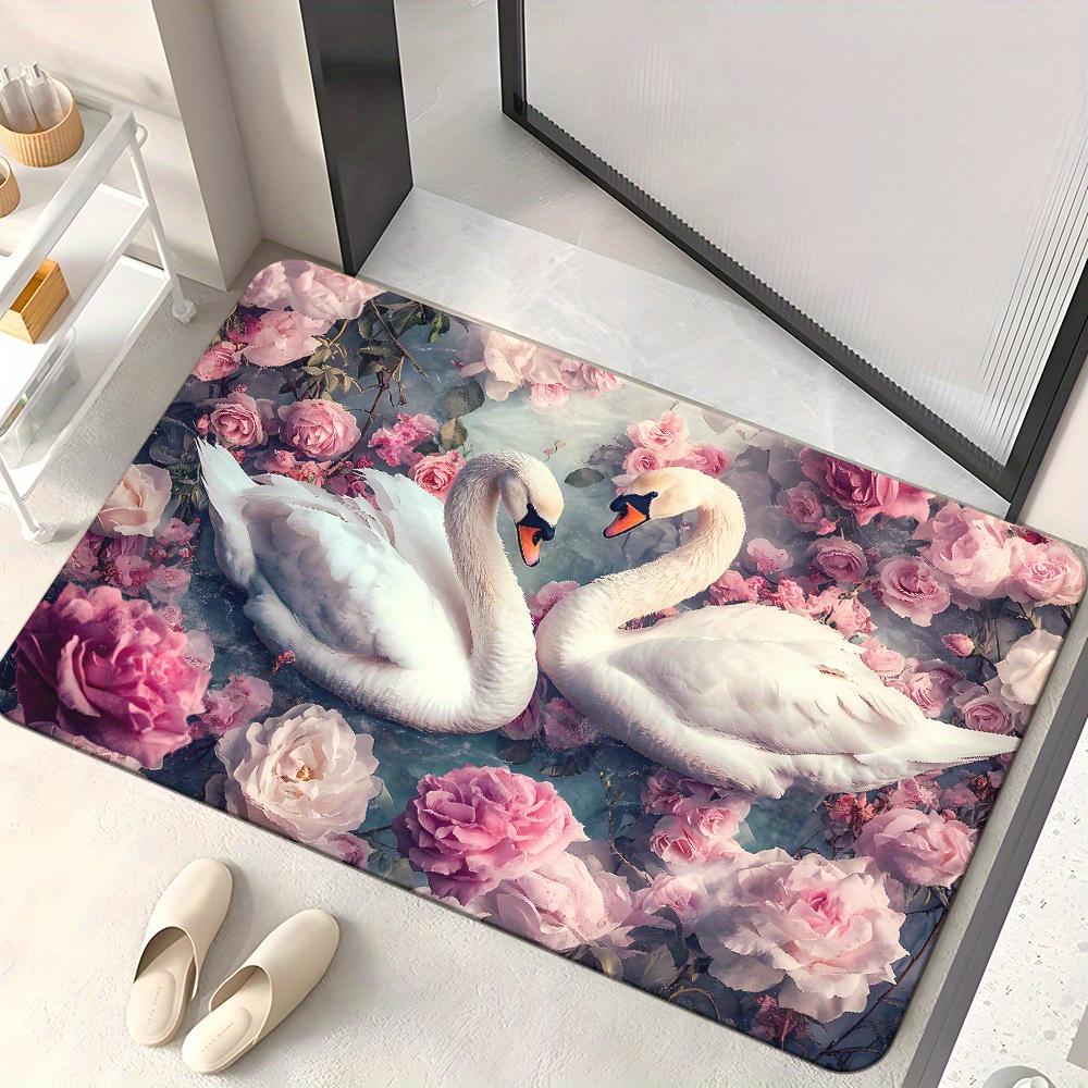 

Romantic Swan & Rose Doormat Non-Slip Absorbent Microfiber Rug for Bathroom Bedroom Living Room Entryway 40x60cm