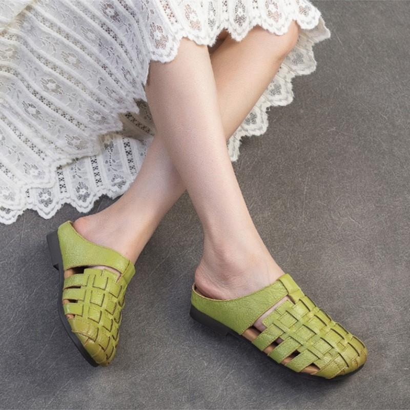 Fashion GKTINOO 2025 Summer New Handmade Woven Breathable Flat Slippers Casual Genuine Leather Women's Slip-on Shoes