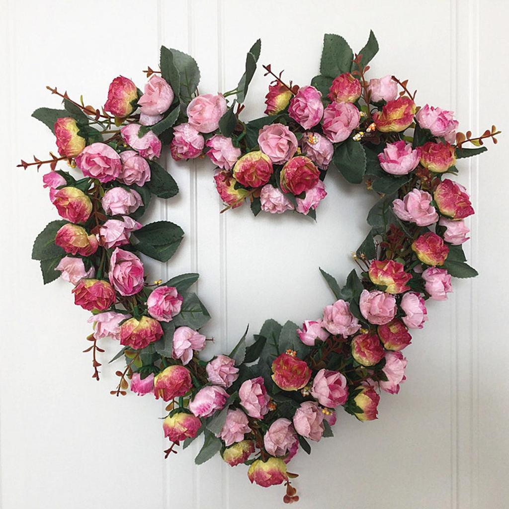 Heart-Shaped Rose Wreath Simulation Wall Hanging Knocker 14" Welcome Garland for