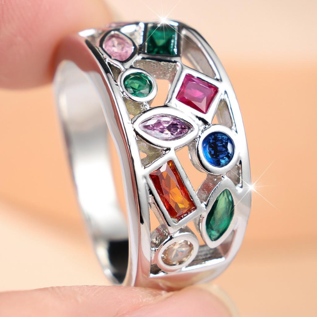Niche design, multi-colored zirconia wide band ring Hollow-out rainbow diamond ring