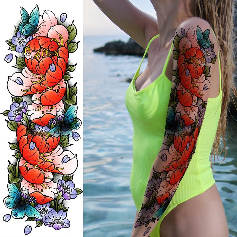 Full Arm Tattoo Sticker Full Arm, Big Picture Lion Tiger Wolf Animal Big Flower Arm Tattoo Sticker